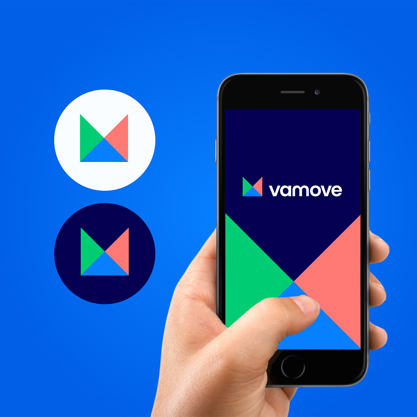 Vamove branding showing the geometric triangle logo in circular badges and displayed on a phone screen held by a hand, on a blue background.