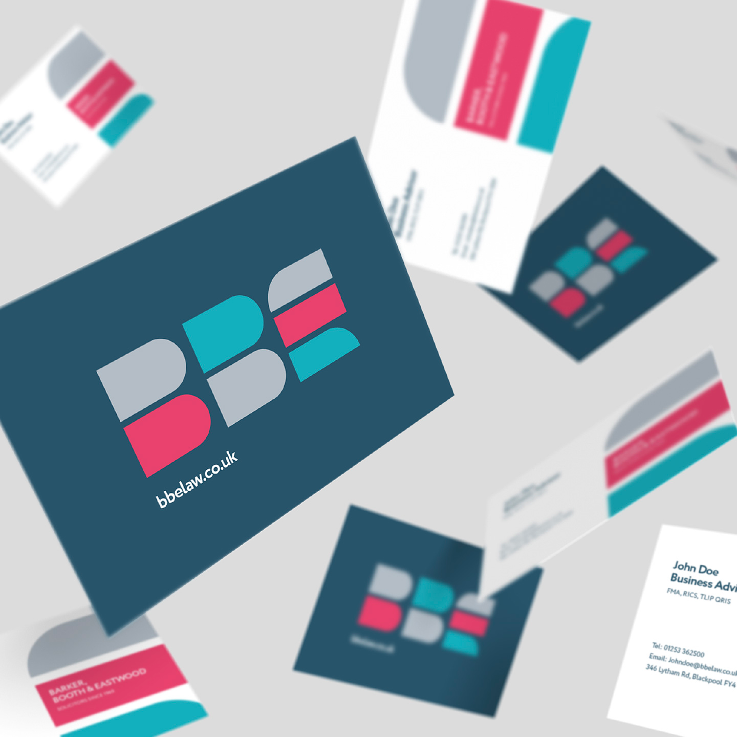 Business card mockups for BBE Barker, Booth & Eastwood law firm, showing the geometric navy, pink, and teal logo and contact details