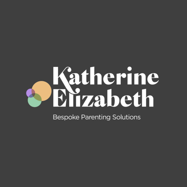 Katherine Elizabeth logo with the tagline 'Bespoke Parenting Solutions', in white serif text with three overlapping pastel circles, on a dark grey background.