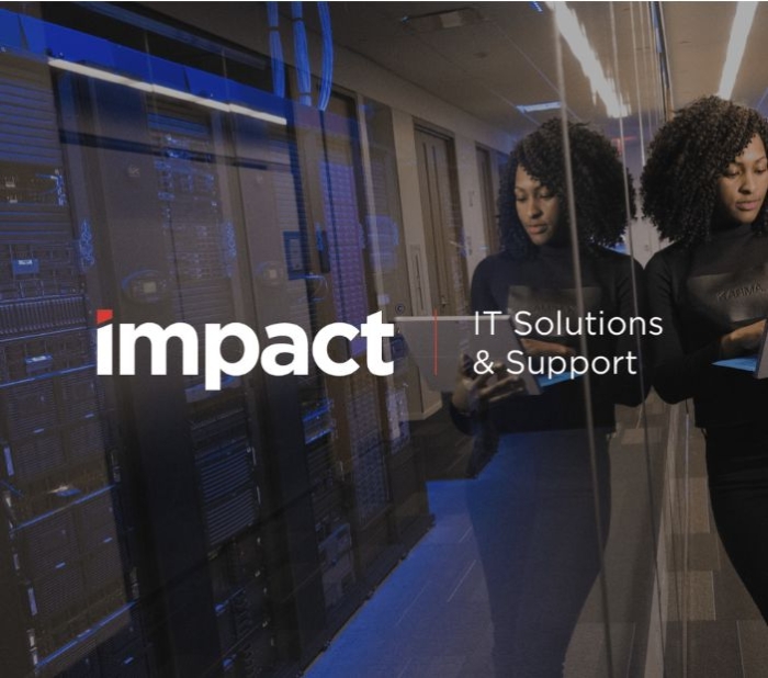 Impact IT Solutions & Support case study cover image showing a server room with a woman reviewing a tablet
