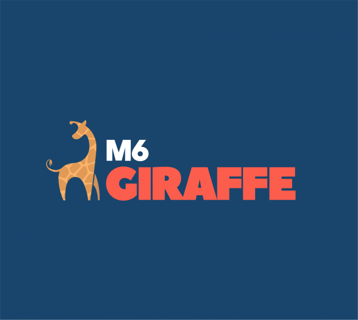 M6 Giraffe logo, featuring an illustrated orange giraffe next to the text 'M6' in white and 'GIRAFFE' in orange, on a navy blue background.