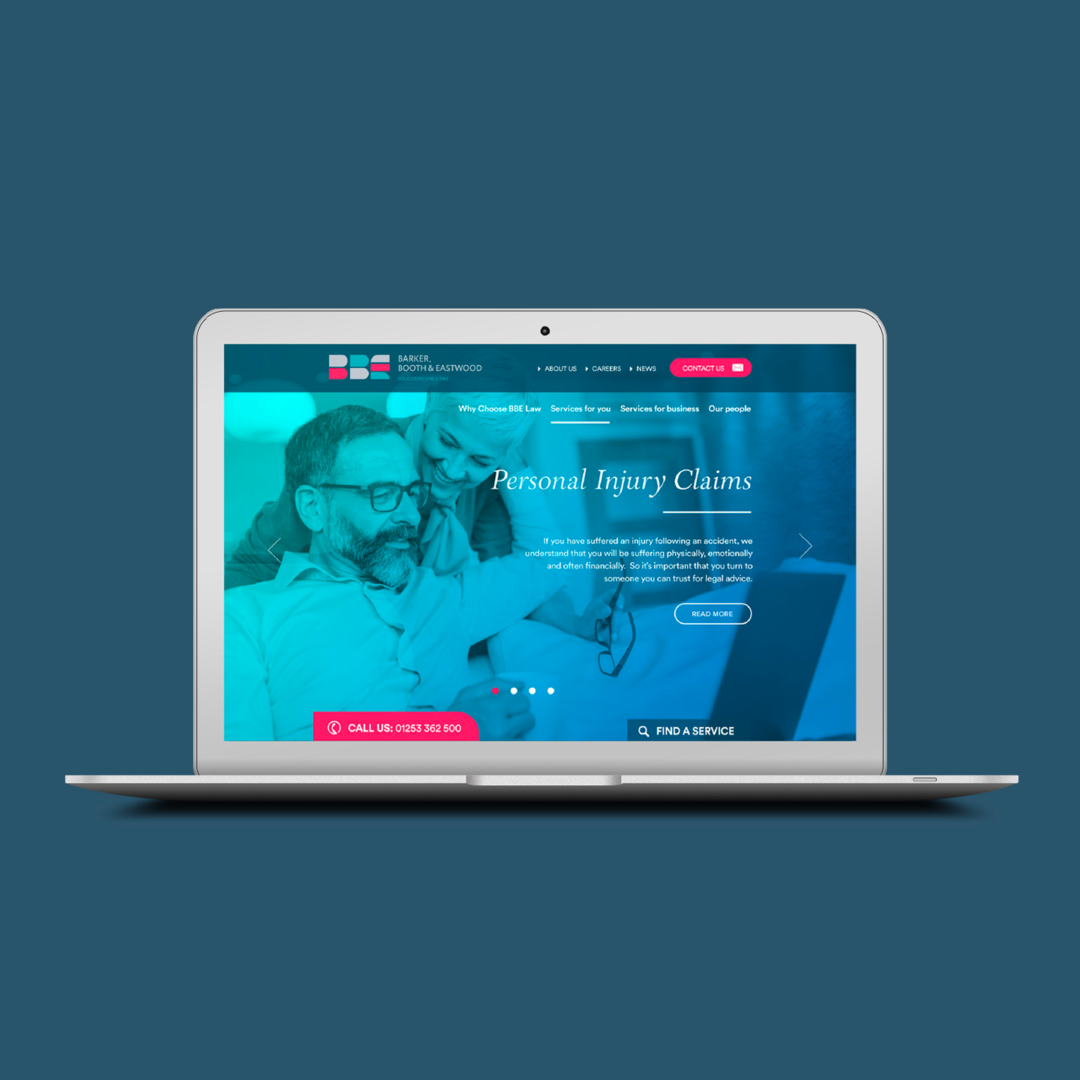 Laptop mockup of the Barker, Booth & Eastwood solicitors website homepage, featuring a 'Personal Injury Claims' banner on a teal background