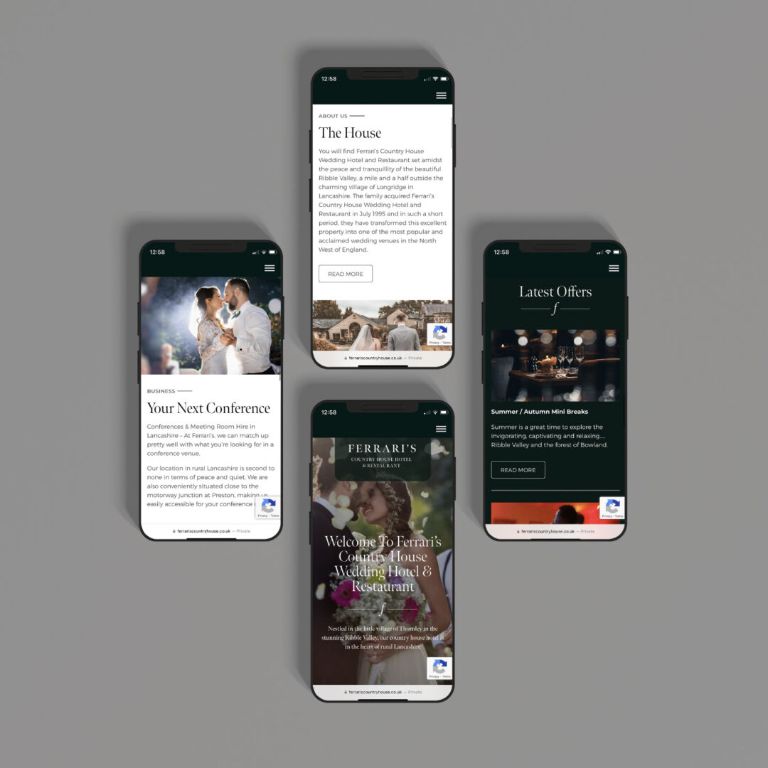 Four smartphone mockups showing Ferrari's Country House Wedding Hotel & Restaurant website pages, including the homepage, About Us, conference hire, and latest offers.