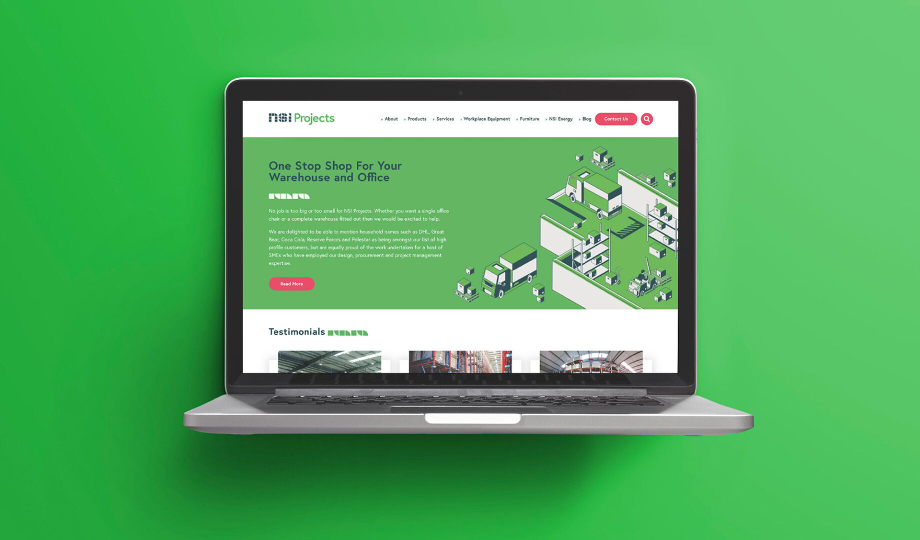 Laptop mockup of the NSI Projects WordPress website homepage, showing the 'One Stop Shop For Your Warehouse and Office' banner and testimonials section on a green background.