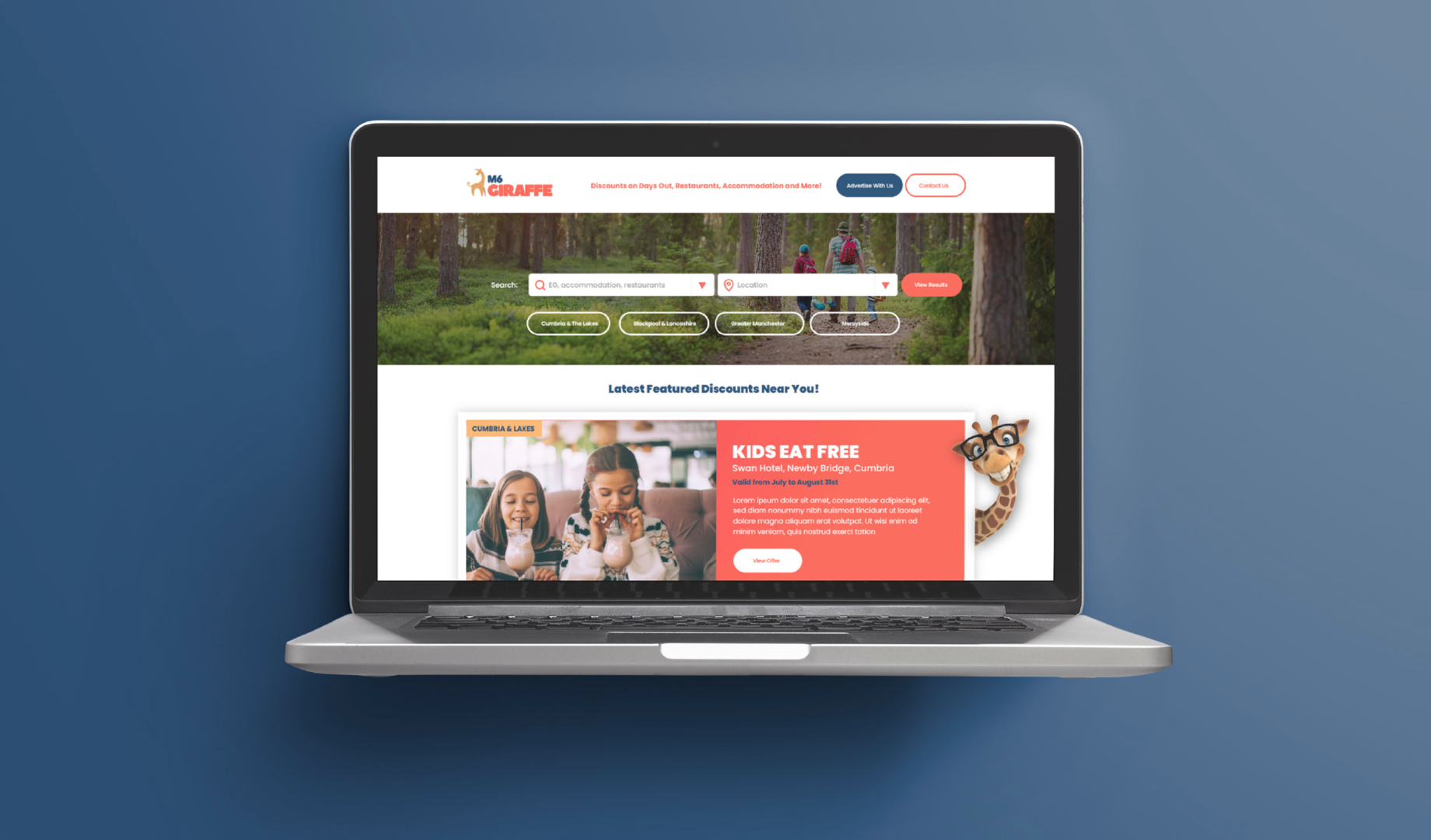 Laptop mockup of the M6 Giraffe website homepage, showing a search bar for discounts and a featured 'Kids Eat Free' offer, on a dark blue background.