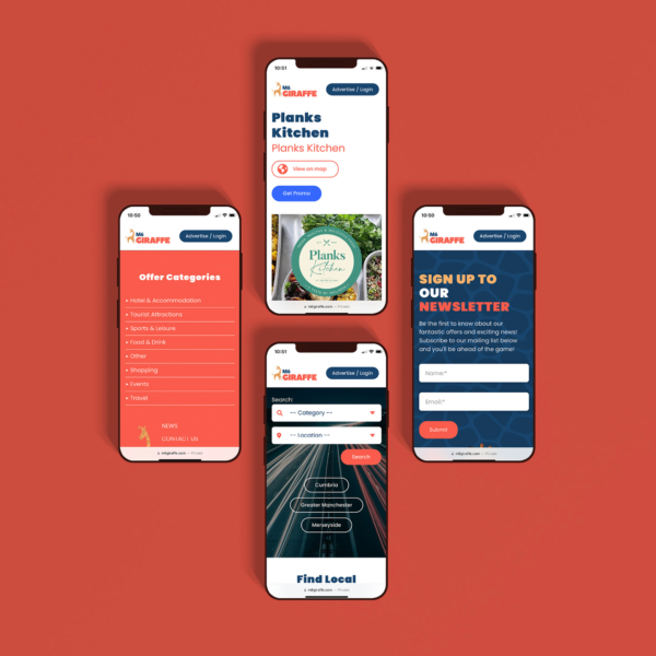 Four smartphone mockups showing M6 Giraffe website pages, including offer categories, a featured restaurant offer, search filters, and a newsletter sign-up form.