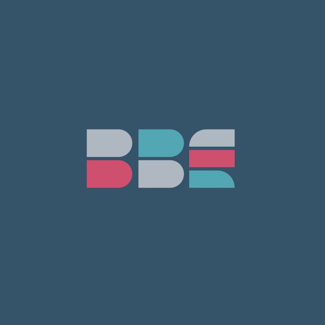 BBE logo in a geometric icon design with grey, teal, and pink shapes on a dark navy background.