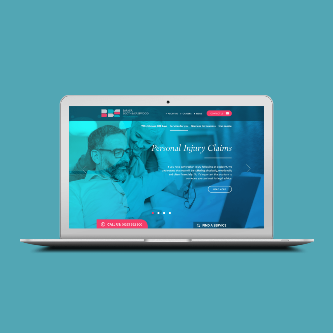 Laptop mockup of the Barker, Booth & Eastwood solicitors website homepage, featuring a 'Personal Injury Claims' banner on a teal background.