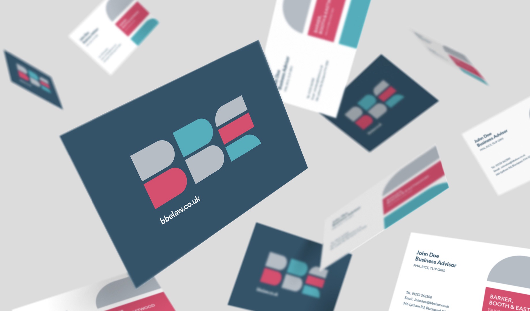 Scattered business card mockups for BBE law firm, featuring a navy blue geometric logo, pink and teal accents, and contact details for a business advisor.