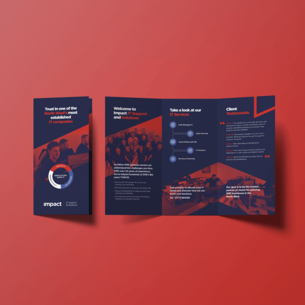 Mockup of Impact IT Support and Solutions tri-fold brochure, showing the cover and inside spread with services, testimonials, and contact information.