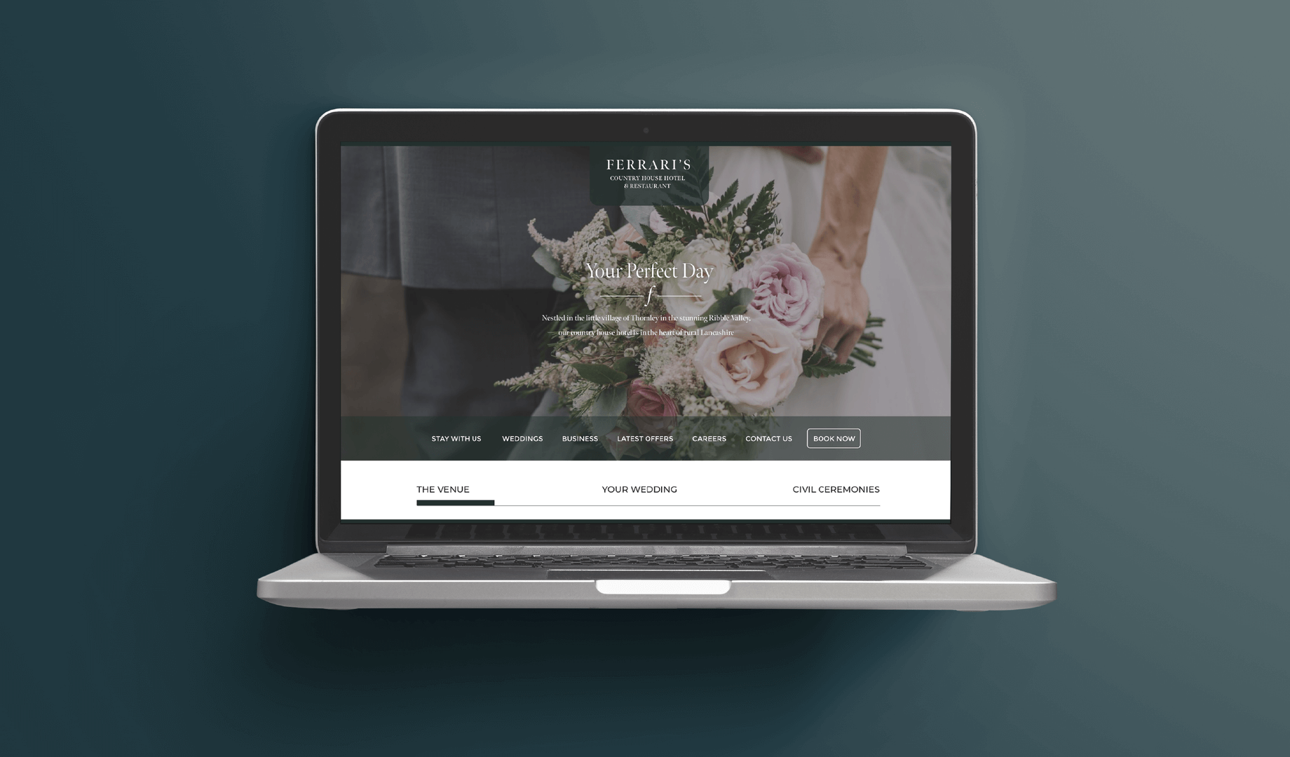 Laptop mockup of the Ferrari's Country House Hotel & Restaurant wedding website homepage, showing a bride holding a bouquet with the tagline 'Your Perfect Day.