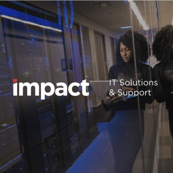 Impact IT Solutions & Support case study cover image showing a server room with a woman reviewing a tablet