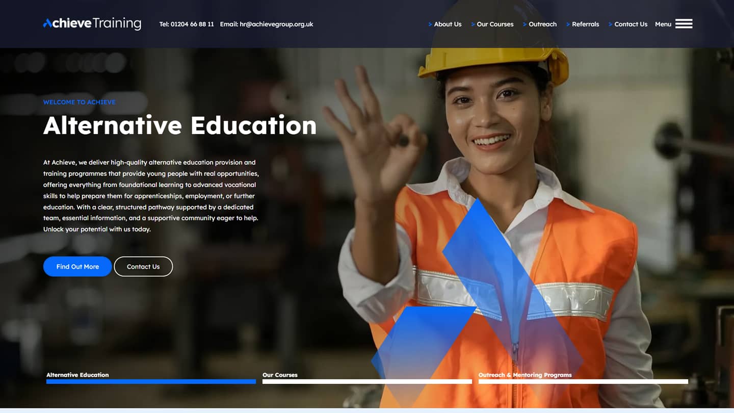 Achieve Training website homepage banner showing a smiling young woman in a hard hat and orange safety vest, promoting alternative education and vocational training programmes.