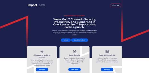 Screenshot of the Impact IT Support website homepage, promoting Lancashire-based IT support services.