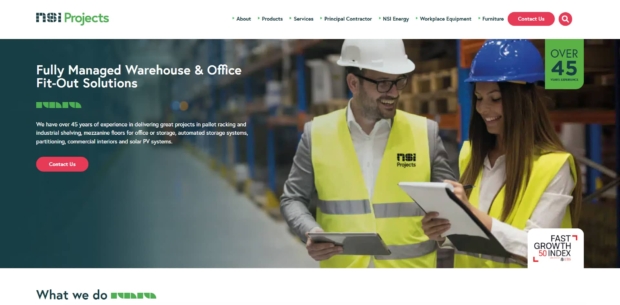 Screenshot of the NSI Projects website homepage, showcasing warehouse and office fit-out services.